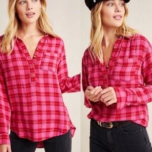 Anthropologie Isadora Pink Button Back Plaid Tunic Top Womens Size Small Popover